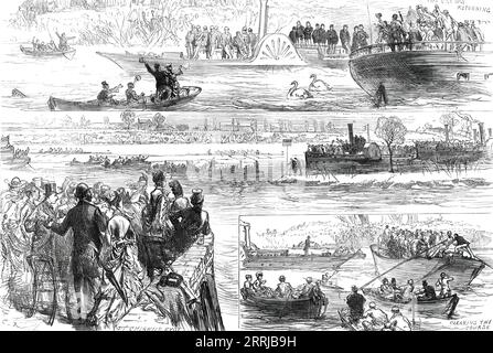 Croquis à la course de bateaux d'Oxford et Cambridge, 1876. Course annuelle d'aviron sur la Tamise à Londres. 'Les équipages reviennent ; au large de Chiswick Eyot ; Clearing the course. Chaque équipage est presque trois pierres plus lourd que ceux de l'année dernière, et nous remarquons que dans le bateau Oxford le côté coup est plus de deux pierres plus lourd que la proue ; tandis que les hommes de Cambridge sont assez également équilibrés. La saison dernière, la course et le côté proue du bateau Oxford étaient à moins de 7 livres l'un de l'autre, alors qu'il y avait une grande prépondérance de poids sur le côté course dans le bateau "bleu clair"... le "tournoi aquatique, Banque D'Images