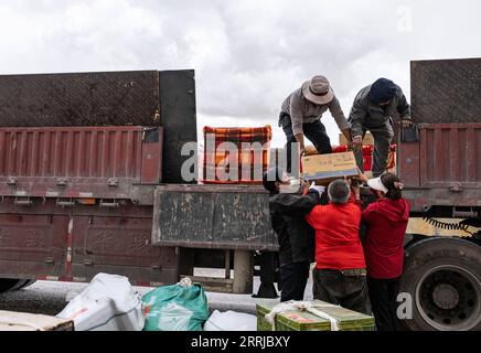 220719 -- NAGQU, le 19 juillet 2022 -- des villageois chargent des bagages sur un camion dans le canton de Doima, dans le comté de Tsonyi, dans la région autonome du Tibet du sud-ouest de la Chine, le 12 juillet 2022. Le comté de Tsonyi, région autonome du Tibet au sud-ouest de la Chine, a commencé mardi la relocalisation de son deuxième groupe de résidents, dans le cadre du plan de la région visant à améliorer les conditions de vie des populations et à protéger le fragile écosystème local. Avec une altitude moyenne de plus de 5 000 mètres, le comté de Tsonyi couvre une superficie totale de 120 000 km carrés et fait partie de la réserve naturelle nationale de Changtang, la plus grande et la plus haute réserve naturelle de Chine. Du Banque D'Images