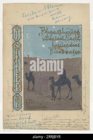 Conception de couverture de livre pour Anthology of One Thousand and One Nights par Pieter Louwerse, 1910 ou plus tôt. Caravane de chameaux dans le désert. Dôme et minarets peuvent être vus au loin. Banque D'Images