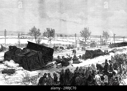 L'accident ferroviaire à Abbotts Ripton, Huntingdon : vue générale de la scène de l'accident, 1876. Le 21 janvier 1876, le Scotch Express spécial Édimbourg-Londres a été impliqué dans une collision, lors d'un blizzard, avec un train de charbon sur la ligne principale de la Great Northern Railway. Une deuxième collision s'est produite quelques minutes plus tard, lorsqu'un express à destination de Leeds s'est écrasé sur l'épave obstruant la ligne en direction nord. Treize passagers sont morts, et 53 passagers et 6 membres d'équipage de train ont été blessés. Les facteurs comprenaient une défaillance du signal, le mauvais temps et une mauvaise visibilité. Neige et glace sur les fils par lesquels le sémaphore bras s Banque D'Images