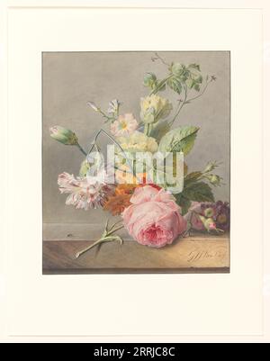 Nature morte florale, c.1800-c.1825. Georgius van OS peint ses fleurs dans des couleurs vives, avec des contours nets et peu d'attention à la lumière et à l'ombre, tout à fait en accord avec le goût de son époque. Le fond gris uniforme contribue également au caractère distinct de la nature morte. L'aquarelle peut être comparée aux natures mortes Van OS peintes sur porcelaine dans la célèbre usine de Sèvres près de Paris. Banque D'Images
