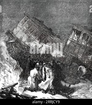 L'accident ferroviaire à Abbotts Ripton, près de Huntingdon : groupes de travail enlevant les blessés, d'après un croquis de M. Gompertz, un passager, 1876. Le 21 janvier 1876, le Scotch Express spécial Édimbourg-Londres a été impliqué dans une collision, lors d'un blizzard, avec un train de charbon sur la ligne principale de la Great Northern Railway. Une deuxième collision s'est produite quelques minutes plus tard, lorsqu'un express à destination de Leeds s'est écrasé sur l'épave obstruant la ligne en direction nord. Treize passagers sont morts, et 53 passagers et 6 membres d'équipage de train ont été blessés. Les facteurs comprenaient une défaillance du signal, le mauvais temps et une mauvaise visibilité. Neige et moi Banque D'Images