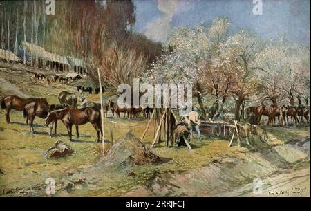 'Un camping de cavalerie pres de Vailly sous les pommiers en fleurs', 1917. Première Guerre mondiale : la cavalerie campe près de Vailly sous des pommiers en fleurs. Extrait de "l'Album de la Guerre 1914-1919, Volume 2" [l'Illustration, Paris, 1924]. Banque D'Images