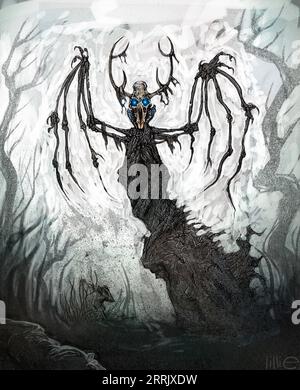 Art : m'Sing, Jersey Devil, Leeds Devil, diverses versions de la légende décrivent une tête ressemblant à une chèvre, des cornes, des armes légères, des mains griffées, un cri sanglant Banque D'Images