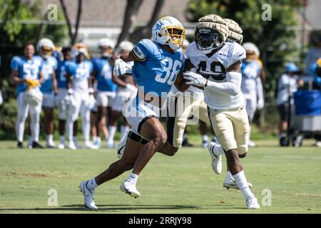 Los Angeles Chargers Cornerback Cam Brown (38) et New Orleans Saints défensive back J.T. Gray (48) lors de l'entraînement conjoint au Jack Hammett Sports Complex, vendredi 18 août 2023, à Costa Mesa, Calif. (Ed Ruvalcaba/image du sport) Banque D'Images