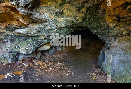 La grotte de Barnberg est située sur la crête nord de l'Alb souabe au-dessus du Neuffener Steige à 695 mètres au-dessus du niveau de la mer. La grotte mesure 46 mètres de long. Des artefacts de la période néolithique y ont été découverts. Il est protégé en tant que géotope et inscrit comme monument naturel. Zone protégée n° 81160462903 la grotte de Barnberg appartient au Géoparc UNESCO Souabe Alb, Neuffen, Allemagne. Banque D'Images