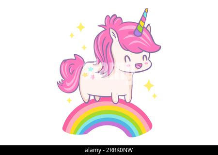 Carte de voeux vectorielle avec licorne mignonne et arc-en-ciel dans le style Kawaii. Illustration vectorielle d'une licorne mignonne sur arc-en-ciel Illustration de Vecteur