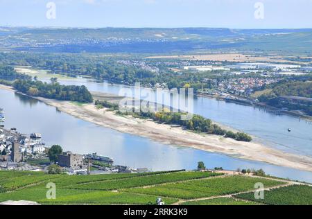 220818 -- BERLIN, 18 août 2022 -- la photo prise le 16 août 2022 montre le Rhin à Ruedesheim, Allemagne. Le niveau de l'eau du Rhin a baissé en raison de la température élevée et de la sécheresse. ALLEMAGNE-RHIN-NIVEAU D'EAU RenxPengfei PUBLICATIONxNOTxINxCHN Banque D'Images