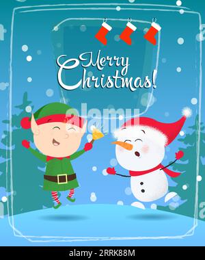 Motif carte de voeux de Noël. Bonhomme de neige dansant et elfe Illustration de Vecteur