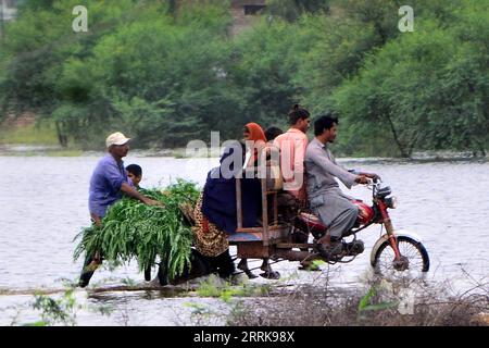 220825 -- TANDO ALLAHYAR, 25 août 2022 -- les personnes touchées par les inondations évacuent d'une zone touchée par les inondations dans le district de Tando Allahyar, dans la province du Sindh au sud du Pakistan, le 25 août 2022. Pas moins de 903 personnes ont été tuées, près de 1 300 blessées et des milliers sont restées sans abri alors que les fortes pluies de mousson et les crues soudaines ont continué à faire des ravages au Pakistan depuis la mi-juin, a déclaré mercredi l'Autorité nationale de gestion des catastrophes NDMA. Str/Xinhua PAKISTAN-TANDO ALLAHYAR-INONDATIONS Stringer PUBLICATIONxNOTxINxCHN Banque D'Images