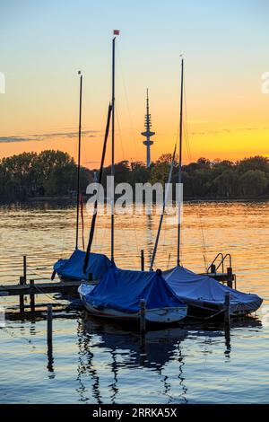 Hambourg, Aussenalster après le coucher du soleil, voiliers couchés sur la jetée, tour de télévision en arrière-plan, ambiance nocturne, Banque D'Images