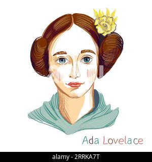 Tbilissi, Géorgie - 07.09.2023 Ada Lovelace portrait hachuré au crayon de couleur sur fond blanc.Anglais mathématicien et écrivain. Banque D'Images
