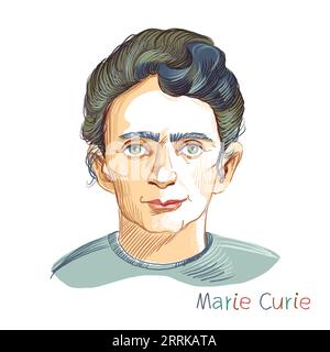 Tbilissi, Géorgie - 07.09.2023 Marie Curie Portrait hachuré au crayon de couleur sur fond blanc.physicien et chimiste polonais et naturalisé-français. Banque D'Images