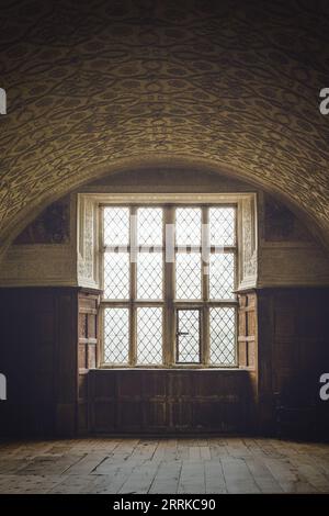 Une chambre spacieuse avec une grande fenêtre voûtée qui laisse entrer une abondance de lumière naturelle Banque D'Images