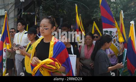 New Delhi, Inde. 08 septembre 2023. Les membres de la communauté tibétaine protestent contre l'occupation supposée du Tibet par la Chine, avant le sommet du G20 à New Delhi, en Inde, le 8 septembre 2023. Photo du Tibetan Youth Congress (TYC)/ crédit : UPI/Alamy Live News Banque D'Images