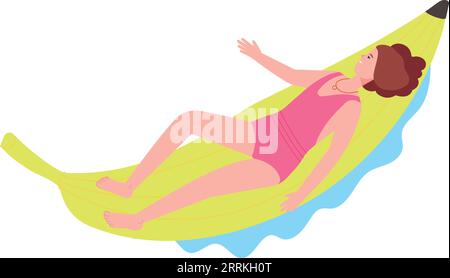 Femme nageant sur un matelas gonflable de banane. Repos de plage d'été isolé sur fond blanc Illustration de Vecteur