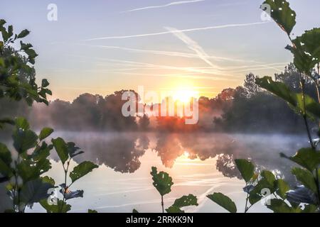 Un beau petit lac, étang au coeur du Taunus. Le Meerpfuhl près d'Usingen au lever du soleil. Paysage tourné au milieu de la nature Banque D'Images