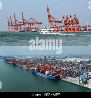 220914 -- QINZHOU, le 14 septembre 2022 -- une photo combinée montre une vue du port de Qinzhou le 29 novembre 2010 en haut et une vue aérienne du port de Qinzhou le 28 août 2022 à Qinzhou, dans la région autonome de Guangxi Zhuang du sud de la Chine. Après 30 ans de développement, le port de Qinzhou a été construit en un terminal international de conteneurs intermodal mer-rail, exploitant plus de 60 routes de service de conteneurs avec une connexion à plus de 200 ports dans plus de 100 pays et régions à travers le monde. CHINE-GUANGXI-QINZHOU-QINZHOU PORT CN ZHANGXAILIN PUBLICATIONXNOTXINXCHN Banque D'Images