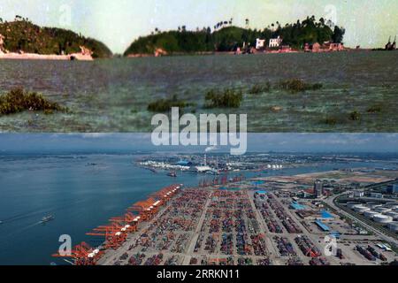 220914 -- QINZHOU, 14 septembre 2022 -- une photo combinée montre l'ancien site du port de Qinzhou le 20 mai 1992 en haut, fourni par les Archives de Qinzhou et une vue aérienne du port de Qinzhou le 28 août 2022 à Qinzhou, dans la région autonome de Guangxi Zhuang, dans le sud de la Chine. Après 30 ans de développement, le port de Qinzhou a été construit en un terminal international de conteneurs intermodal mer-rail, exploitant plus de 60 routes de service de conteneurs avec une connexion à plus de 200 ports dans plus de 100 pays et régions à travers le monde. CHINE-GUANGXI-QINZHOU-QINZHOU PORT CN XINHUA PUBLICATIONXNOTXINXCHN Banque D'Images