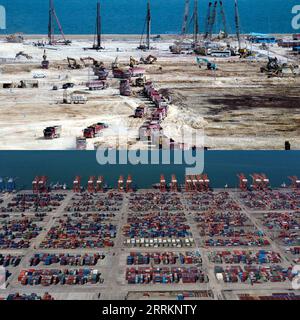 220914 -- QINZHOU, 14 septembre 2022 -- photo combinée montre le chantier de construction du quai à conteneurs du port de Qinzhou le 5 mai 2009 en haut, fourni par les Archives de Qinzhou et une vue aérienne du quai à conteneurs du port de Qinzhou le 28 août 2022 à Qinzhou, dans la région autonome de Guangxi Zhuang du sud de la Chine. Après 30 ans de développement, le port de Qinzhou a été construit en un terminal international de conteneurs intermodal mer-rail, exploitant plus de 60 routes de service de conteneurs avec une connexion à plus de 200 ports dans plus de 100 pays et régions à travers le monde. CHINE-GUANGXI-QINZHOU-QI Banque D'Images