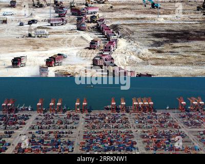 220914 -- QINZHOU, 14 septembre 2022 -- photo combinée montre le chantier de construction du quai à conteneurs du port de Qinzhou le 5 mai 2009 en haut, fourni par les Archives de Qinzhou et une vue aérienne du quai à conteneurs du port de Qinzhou le 28 août 2022 à Qinzhou, dans la région autonome de Guangxi Zhuang du sud de la Chine. Après 30 ans de développement, le port de Qinzhou a été construit en un terminal international de conteneurs intermodal mer-rail, exploitant plus de 60 routes de service de conteneurs avec une connexion à plus de 200 ports dans plus de 100 pays et régions à travers le monde. CHINE-GUANGXI-QINZHOU-QI Banque D'Images