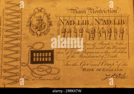Angleterre, Londres, ville de Londres, Banque d'Angleterre, Musée de la Banque d'Angleterre, exposition d'un billet de restriction bancaire George Cruikshank daté de 1819 Banque D'Images