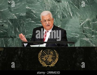 220924 -- NATIONS UNIES, 24 septembre 2022 -- le président palestinien Mahmoud Abbas prend la parole lors du débat général de la 77e session de l'Assemblée générale des Nations Unies au siège de l'ONU à New York, le 23 septembre 2022. POUR ALLER AVEC Israël ne plus partenaire de la Palestine dans le processus de paix : Abbas un-ASSEMBLÉE GÉNÉRALE-DÉBAT GÉNÉRAL WangxYing PUBLICATIONxNOTxINxCHN Banque D'Images