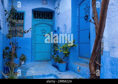 Porte en bois bleu vif dans le centre-ville de Chefchaouen, au Maroc Banque D'Images