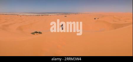 Randonnée dans la grande dune de Merzouga dans le désert d'Erg Chebbi, Sahara marocain Banque D'Images