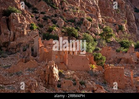 Beau petit village Oumesnat avec des maisons en argile typiques dans les montagnes anti-Atlas du Maroc Banque D'Images