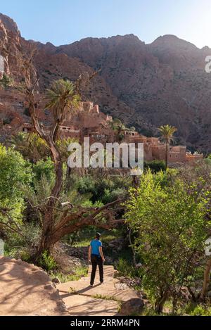 Beau petit village Oumesnat avec des maisons en argile typiques dans les montagnes anti-Atlas du Maroc Banque D'Images