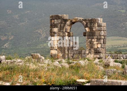 Ruines de l'ancienne ville romaine de Volubilis au Maroc, en Afrique du Nord Banque D'Images