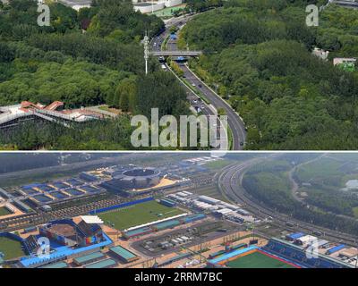 221005 -- BEIJING, 5 octobre 2022 -- une photo combinée montre l'ovale national de patinage de vitesse, connu sous le nom de ruban de glace, qui a été construit sur un site temporaire pour le hockey et le tir à l'arc pendant les Jeux olympiques de 2008, à Beijing, capitale de la Chine le 19 septembre 2022. photo prise par et le stade olympique de hockey vert de Beijing à Beijing, capitale de la Chine, le 2 août 2008 Down, photo prise par Chen Kai . Les autorités chinoises ont prévu de recommander l axe central de Beijing en tant que projet d application du patrimoine culturel mondial de la Chine pour 2024, selon l Administration nationale du patrimoine culturel. Le Beijing Central Ax Banque D'Images