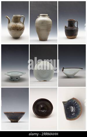 221011 -- WENZHOU, 11 octobre 2022 -- une photo combinée non datée montre des objets en porcelaine découverts sur le site archéologique de l'ancien port de Shuomen à Wenzhou, dans la province du Zhejiang de l'est de la Chine. Le site archéologique de l'ancien port de Shuomen a été découvert à la fin de 2021, avec des ruines de bâtiments anciens, des épaves et des pièces de porcelaine mises au jour dans les fouilles archéologiques suivantes. Selon l'Administration nationale du patrimoine culturel, la découverte est importante pour les études de l'ancienne route maritime de la soie. CHINE-ZHEJIANG-WENZHOU-SHUOMEN ANCIEN PORT-RUINES CN XINHUA PUBLICATIONXNOTXI Banque D'Images