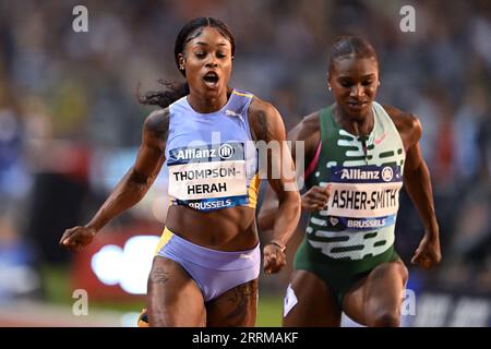 BRUXELLES - Elaine Thompson Herah lors des 100 mètres féminins de l'Allianz Memorial Van Damme 2023, dans le cadre de la série Diamond League 2023 au Stade Roi Baudouin le 8 septembre 2023 à Bruxelles, Belgique. ANP | Hollandse Hoogte | GERRIT VAN COLOGNE Banque D'Images