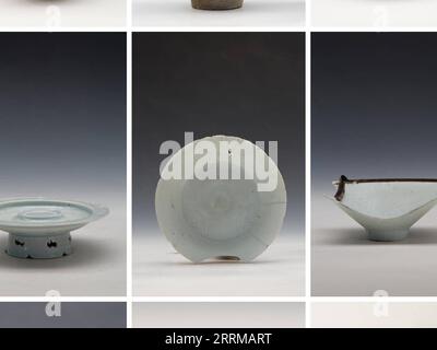 221011 -- WENZHOU, 11 octobre 2022 -- une photo combinée non datée montre des objets en porcelaine découverts sur le site archéologique de l'ancien port de Shuomen à Wenzhou, dans la province du Zhejiang de l'est de la Chine. Le site archéologique de l'ancien port de Shuomen a été découvert à la fin de 2021, avec des ruines de bâtiments anciens, des épaves et des pièces de porcelaine mises au jour dans les fouilles archéologiques suivantes. Selon l'Administration nationale du patrimoine culturel, la découverte est importante pour les études de l'ancienne route maritime de la soie. CHINE-ZHEJIANG-WENZHOU-SHUOMEN ANCIEN PORT-RUINES CN XINHUA PUBLICATIONXNOTXI Banque D'Images