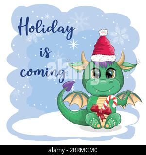 Les vacances arrivent. Mignon dragon vert de dessin animé dans le chapeau de père noël. nouvel an 2024, calendrier chinois Illustration de Vecteur