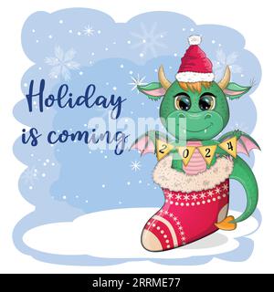 Les vacances arrivent. Mignon dragon vert de dessin animé dans le chapeau de père noël. nouvel an 2024, calendrier chinois Illustration de Vecteur