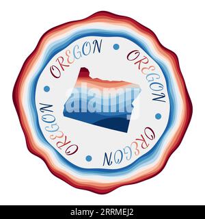 Badge Oregon. Carte de l'état américain avec de belles vagues géométriques et un cadre bleu rouge vif. Logo Oregon rond et éclatant. Illustration vectorielle. Illustration de Vecteur