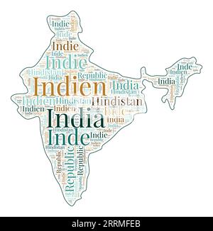 Forme de l'Inde remplie avec le nom du pays dans de nombreuses langues. Carte de l'Inde dans le style wordcloud. Illustration vectorielle soignée. Illustration de Vecteur