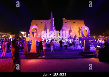 221104 -- LOUXOR ÉGYPTE, 4 novembre 2022 -- des personnes assistent à une cérémonie marquant le centenaire de la découverte de la tombe du roi Toutankhamon au temple de Louxor à Louxor, Égypte, le 4 novembre 2022. L'Egypte a organisé vendredi des événements pour célébrer le centenaire de la découverte de la tombe du roi Toutankhamon en 1922. Toutankhamon, qui est monté sur le trône à l'âge de neuf ans et est mort à 19 ans, est le pharaon le plus connu au monde de l'Egypte ancienne. Le jeune roi régna de 1332 av. J.-C. à 1323 av. J.-C., au cours d'une période connue sous le nom de nouvel Empire dans l'Égypte ancienne. ÉGYPTE-LOUXOR-TOUTANKHAMON-TOMBE-DÉCOUVERTE-CENTENAIRE-CÉLÉBRATION AHMEDXGOMAA P Banque D'Images