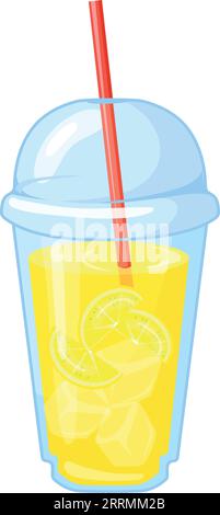 Limonade dans un gobelet en plastique avec paille rouge. Icône de boisson de dessin animé isolé sur fond blanc Illustration de Vecteur