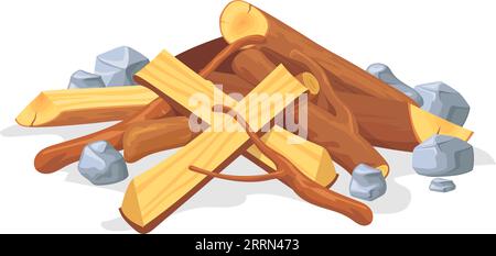 Tas de bois de chauffage et pierres. Icône de bois de feu de camp de dessin animé isolé sur fond blanc Illustration de Vecteur