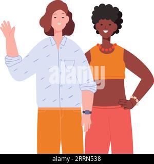 Femmes caucasiennes et noires ensemble. Heureux couple de salutation isolé sur fond blanc Illustration de Vecteur