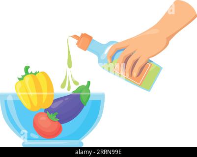Verser de l'huile sur les légumes à salade dans l'icône de couleur de bol en verre isolé sur fond blanc Illustration de Vecteur