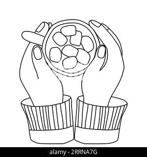 Les mains tiennent la tasse avec du chocolat chaud et de la guimauve, illustration vectorielle plate de style doodle pour livre de coloriage pour enfants Illustration de Vecteur