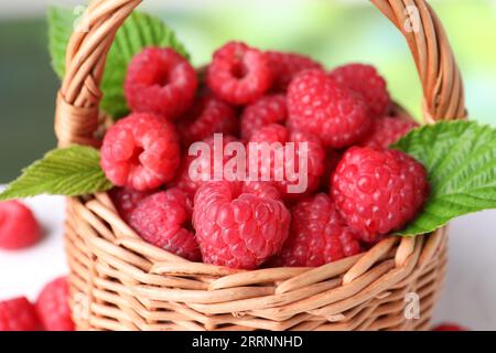 Savoureuses framboises mûres et feuilles vertes dans un panier en osier, gros plan Banque D'Images