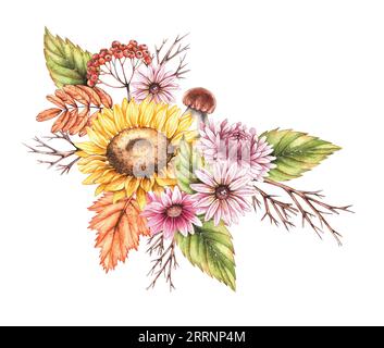 Watercolor autumn composition with autumn sunflower flowers, chrysanthemums, wilted leaves isolated on white background. Hand drawn flowers, withered Banque D'Images
