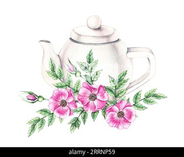 Théière aquarelle avec fleurs de rose sauvage isolées. Théière en porcelaine dessinée à la main sur fond blanc. Vaisselle dessinée à la main avec des fleurs pour la conception de ca Banque D'Images