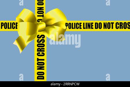 La bande de scène de crime de police est disposée comme si elle enveloppait un paquet cadeau avec un arc jaune sur le dessus dans cette illustration 3D. Banque D'Images